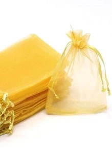 50入組金色透明緞帶絲袋,適用於聖誕節禮物包裝、糖果包裝、婚禮、派對、糖果包裝,尺寸9公分寬乘12公分長 - 金色 - 查看 7