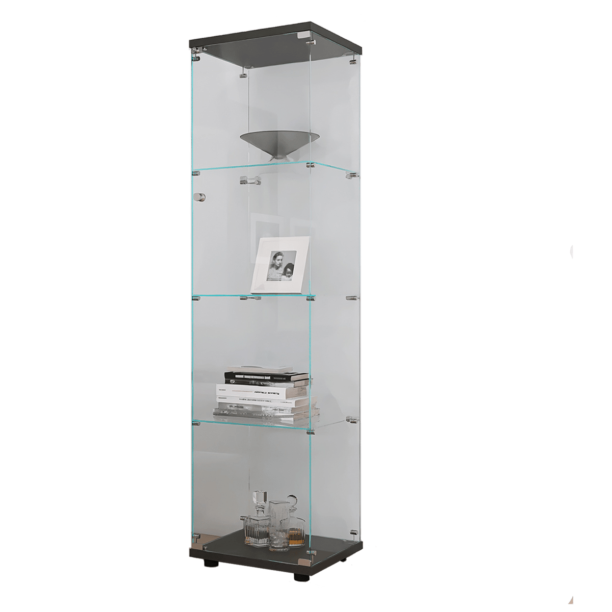 4 Shelves Glass Glass Display with One Door, Black