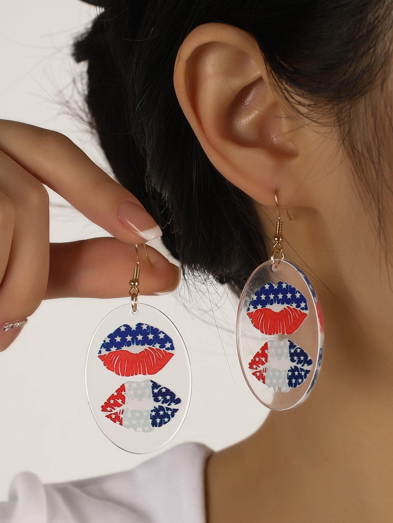 Americana Print Oval Drop Earrings - Multicolor - View 1