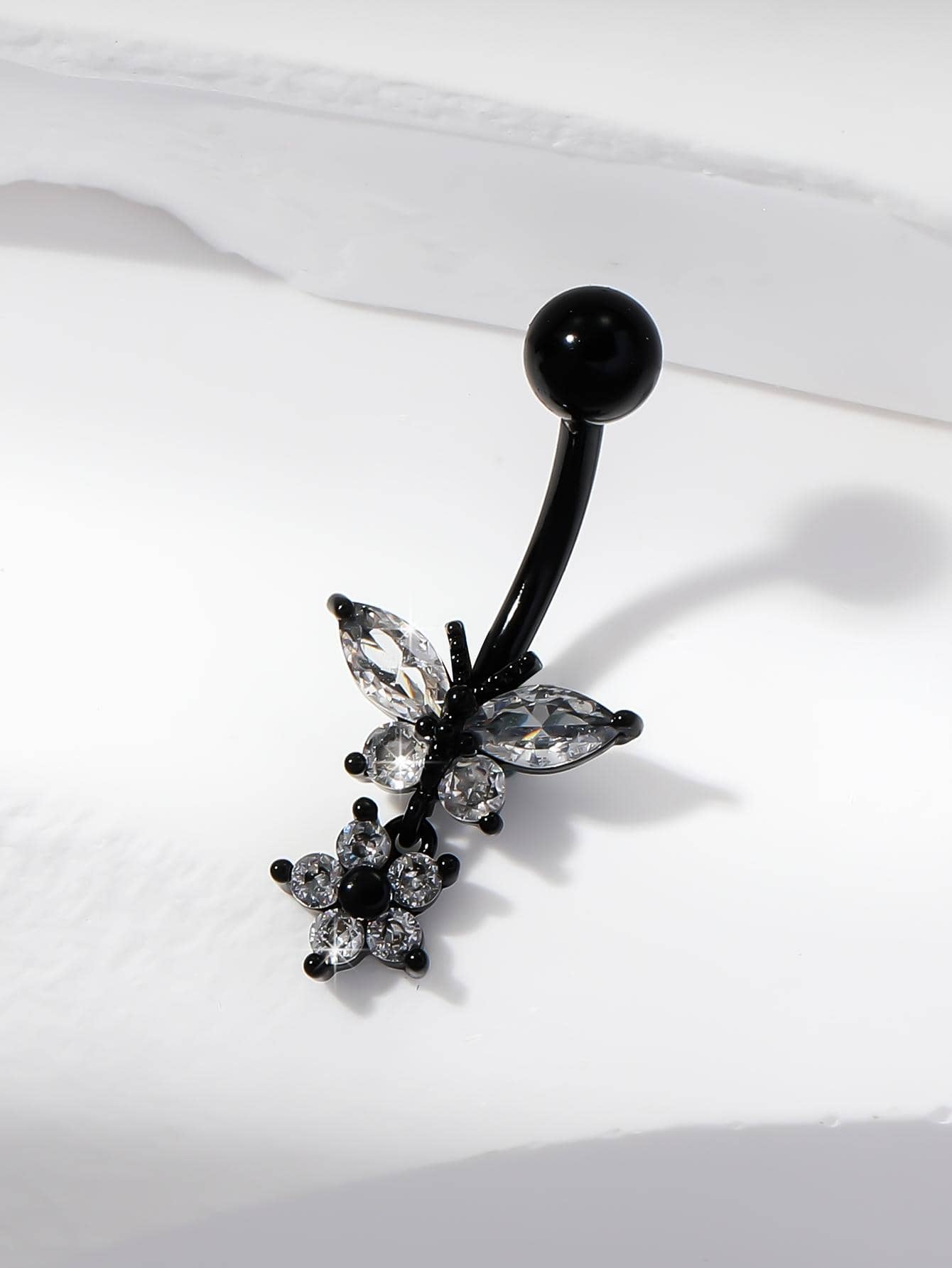 Rhinestone Butterfly Decor Navel Belly Ring - Black - View 1