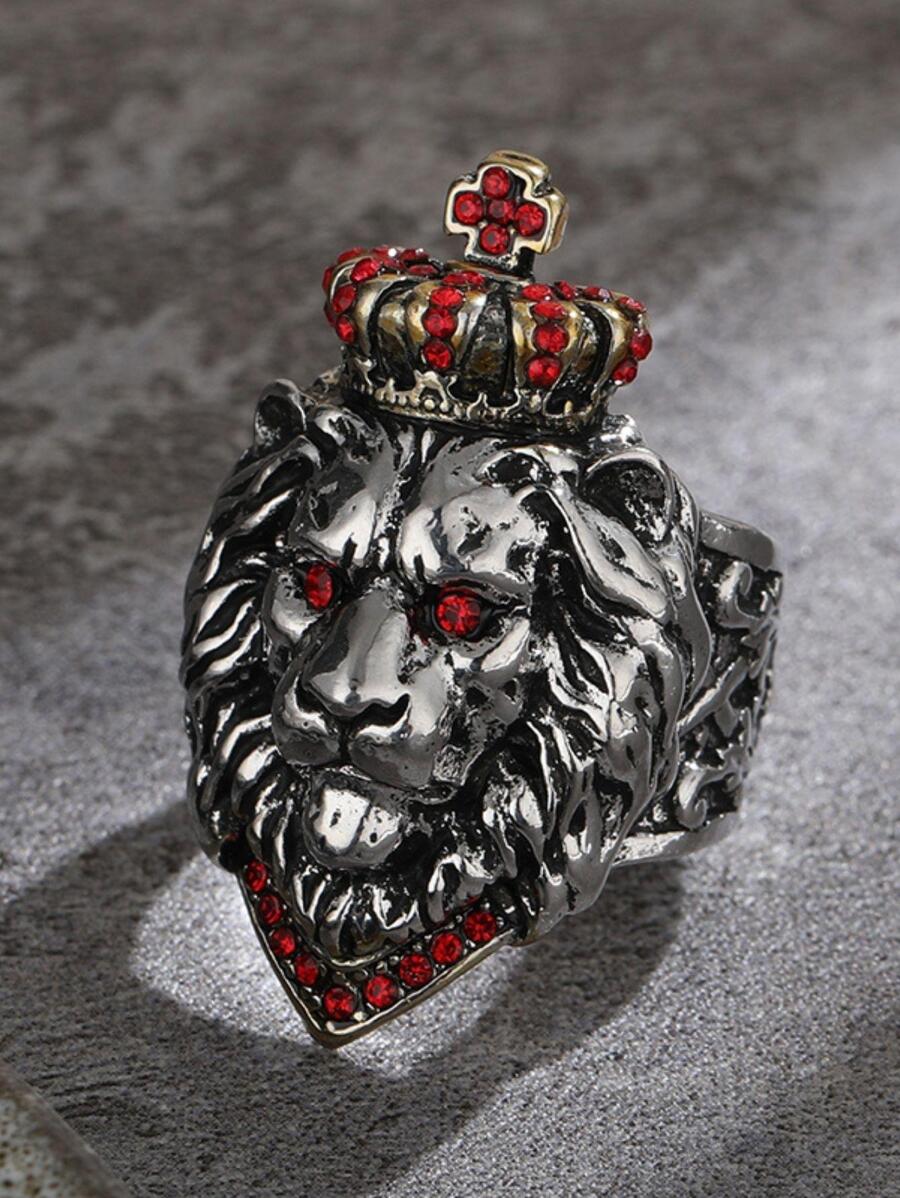 男士1入組皇冠細節獅子頭裝飾戒指多色鋅合金時尚朋克打造時尚外觀 - 彩色 - 查看 1