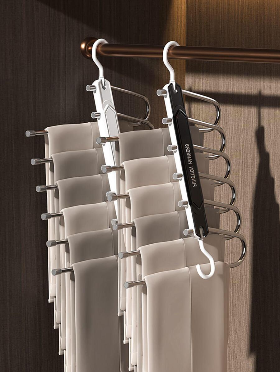 Percha para pantalones de acero inoxidable 6 en 1, soporte de almacenamiento plegable, percha para pantalones multifuncional - Negro - Ver 1