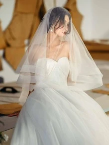 80厘米白色双层头纱，弹性网纱饰边，时尚派对新娘婚礼发饰，秋季女装 - 白色 - 查看 3