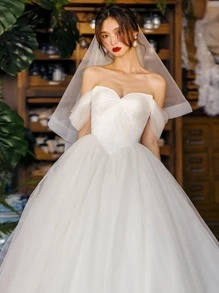 80厘米白色双层头纱，弹性网纱饰边，时尚派对新娘婚礼发饰，秋季女装 - 白色 - 查看 5