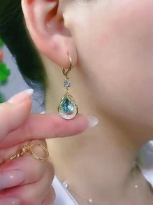 Cubic Zirconia Water Drop Earrings - Blue - View 2