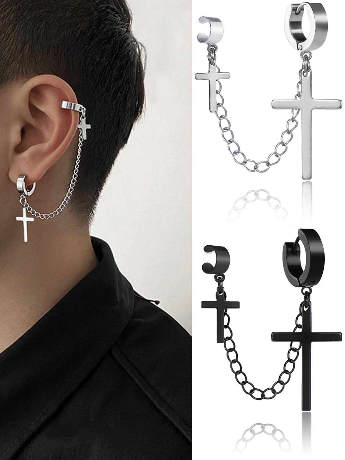 Cross & Chain Charm Ear Cuff Stainless Steel - Silver - View 1