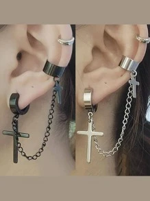 Cross & Chain Charm Ear Cuff Stainless Steel - Silver - View 4