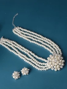3 cái/bộ Nữ Ngọc Trai Giả Kim Cương Giả Trang Trí Bộ Trang Sức Sang Trọng Cho Đám Cưới - trắng - Xem 5