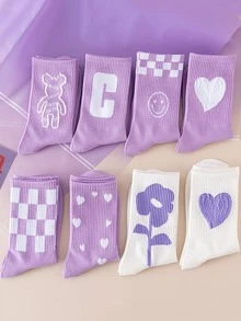 1雙女士隨機愛心圖案休閒中筒襪適用於日常生活 - 彩色 - 查看 2