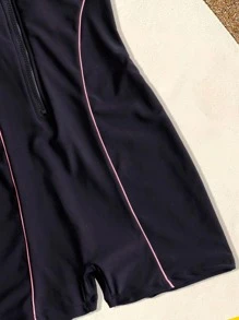 撞色前拉鍊競技連身泳裝