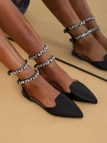 魅力四射黑色平底鞋適用於女士水鑽裝飾尖頭踝帶平底鞋 - 黑色 - 查看 1