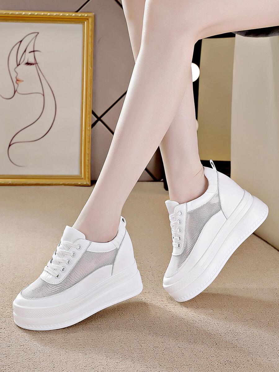 Giày thể thao có dây buộc phía trước thoáng khí cho nữ, Giày thể thao đế xuồng màu trắng thể thao - trắng - Xem 1