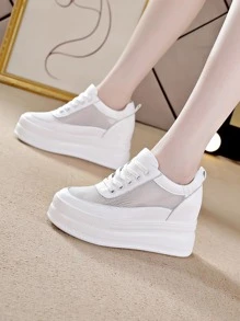 Giày thể thao có dây buộc phía trước thoáng khí cho nữ, Giày thể thao đế xuồng màu trắng thể thao - trắng - Xem 6