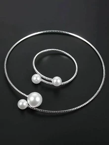 2pcs Faux Pearl Decor Bridal Jewelry Set - White - View 4