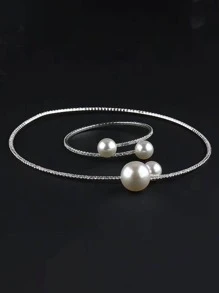 2pcs Faux Pearl Decor Bridal Jewelry Set - White - View 6