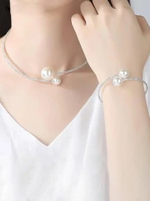 2pcs Faux Pearl Decor Bridal Jewelry Set - White - View 1