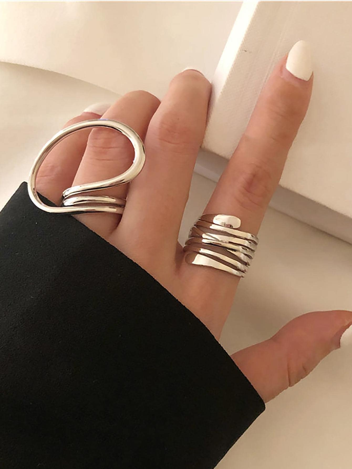 2pcs/Set Spiral Multi-Layer Chunky Geometric Hollow Twist Knot Rings Set For Women - Silver - View 1
