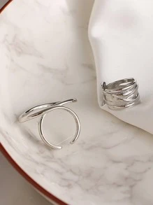 2pcs/Set Spiral Multi-Layer Chunky Geometric Hollow Twist Knot Rings Set For Women - Silver - View 5