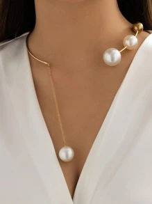 人造珍珠裝飾Y字項鍊 - 金色 - 查看 2