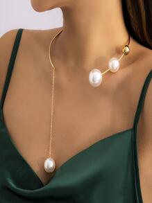 人造珍珠裝飾Y字項鍊 - 金色 - 查看 1