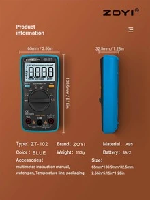 Multímetro digital ZOYI 1 pieza, 6000 cuentas, True-RMS, 17 funciones de medición, retroiluminación disponible. medidor de voltaje, resistencia, diodo, continuidad, capasincia, frecuencia, temperatura y corriente - Azul - Ver 6