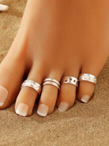 4 件套简约金属蝴蝶波浪趾环套装，适合女士夏季度假海滩饰品 - 銀色 - 查看 1