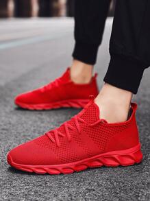 男士透氣前繫帶運動紅色織物跑步鞋
