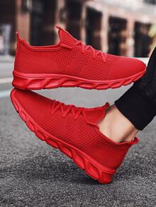 男士透氣前繫帶運動紅色織物跑步鞋
