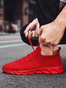 男士透氣前繫帶運動紅色織物跑步鞋