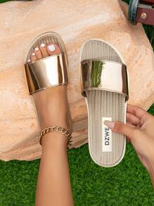 Fashion Gold Slippers For Women, Metallic Single Band Slides - Gold - View 5