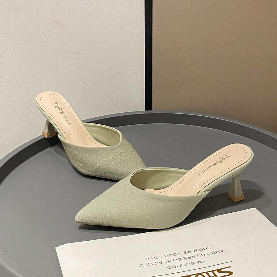 時尚綠色高跟鞋適用於極簡風格尖頭酒杯高跟穆勒鞋 - 綠色 - 查看 1