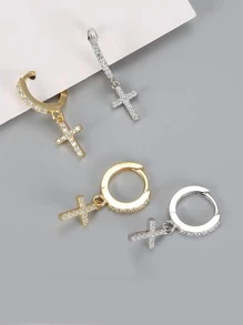 Cubic Zirconia Cross Drop Earrings - Silver - View 4