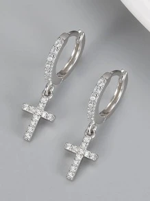 Cubic Zirconia Cross Drop Earrings - Silver - View 3