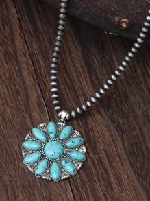 1片古董銀太陽綠松石色項鍊女士項鍊女朋友禮物長項鍊,復古項鍊 - 彩色 - 查看 1