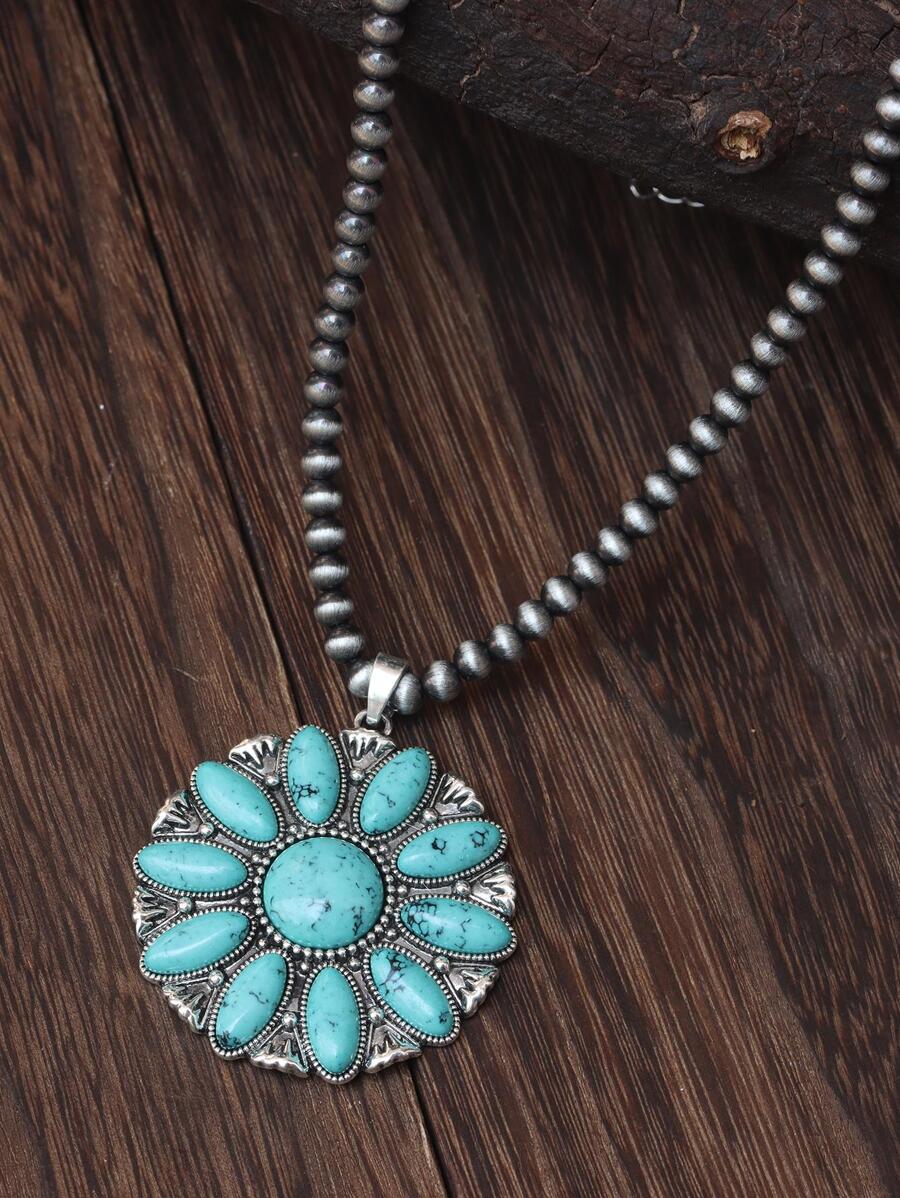 1片古董銀太陽綠松石色項鍊女士項鍊女朋友禮物長項鍊,復古項鍊 - 彩色 - 查看 1