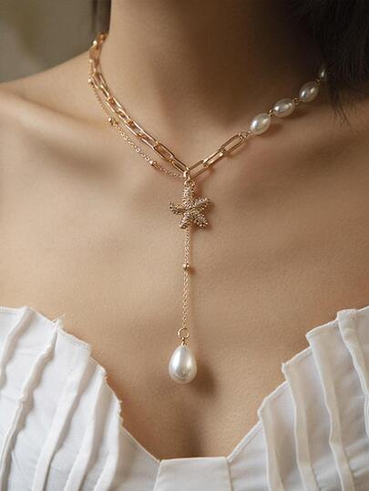 Faux Pearl & Starfish Decor Y Lariat Necklace