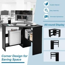 COSTWAY Corner Computer Desk Triangle Writing Workstation W/ Storage Shelf - 黑色 - 查看 7