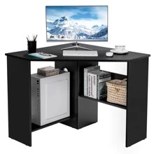 COSTWAY Corner Computer Desk Triangle Writing Workstation W/ Storage Shelf - 黑色 - 查看 3
