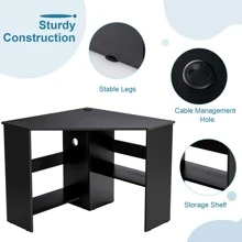 COSTWAY Corner Computer Desk Triangle Writing Workstation W/ Storage Shelf - 黑色 - 查看 8
