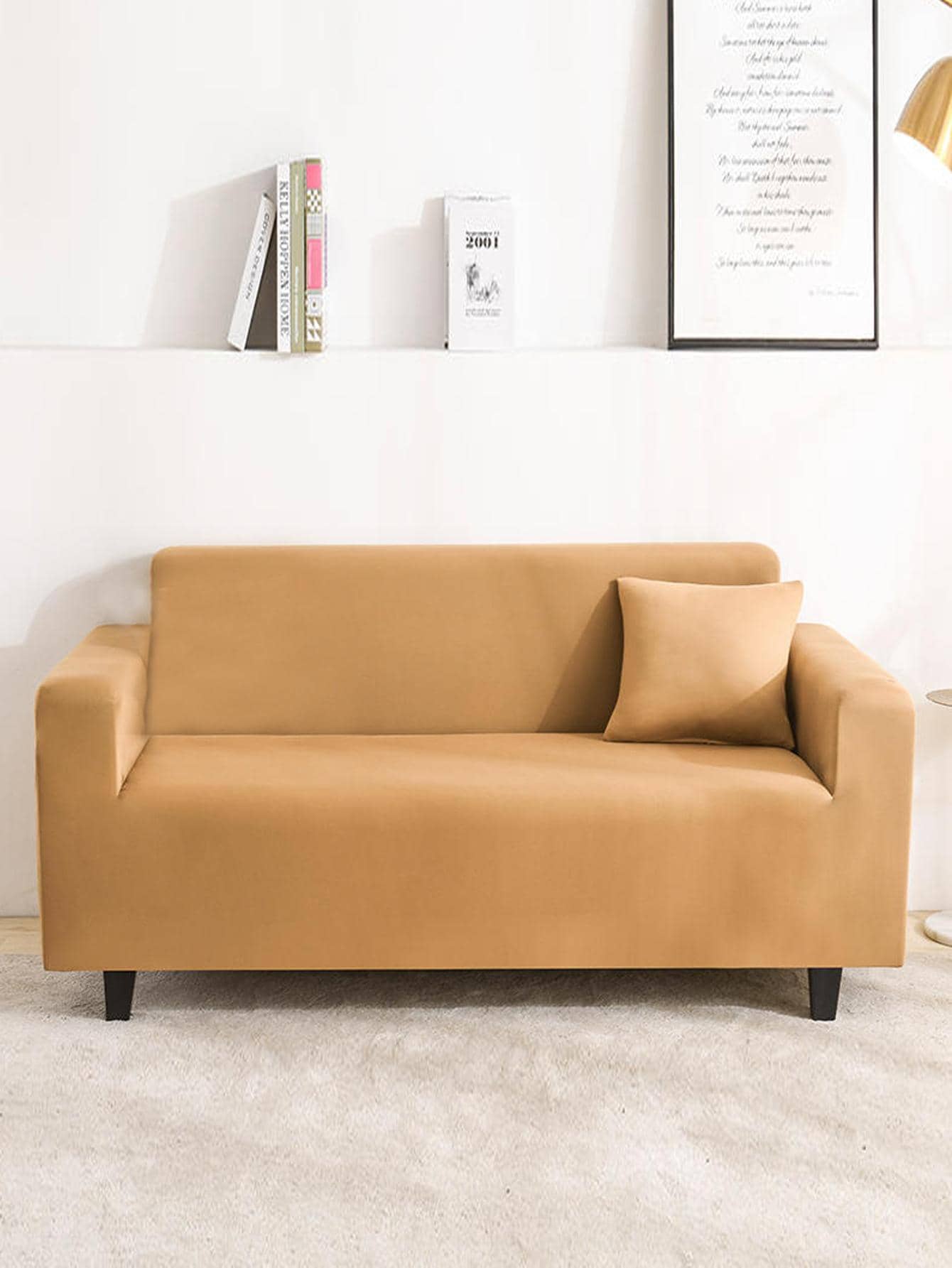 可拉伸四季沙发套，配有防滑固定杆，现代纯色设计，可机洗 - 适合 1-4 人座沙发，防污防尘 - 駝色 - 查看 1