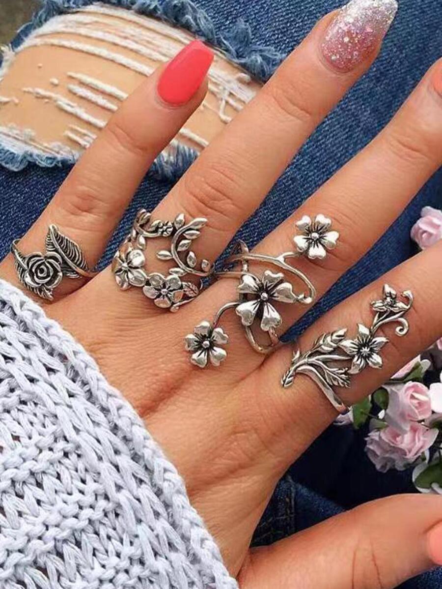 4 cái/bộ Nhẫn trang trí hoa - Màu Bạc Cổ - Xem 1