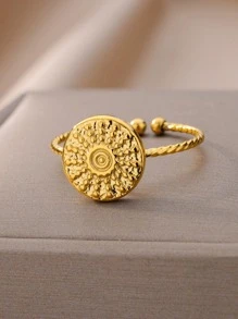 Round Decor Cuff Ring - Yellow Gold - View 4