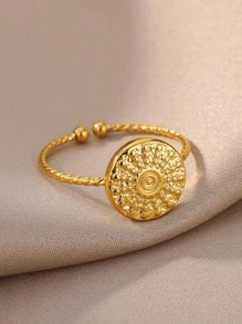 Round Decor Cuff Ring - Yellow Gold - View 2