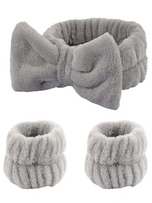 2pcs Solid Fuzzy Hair Tie & 1pc Bow Decor Hair Band Cute - Dark Grey - View 1