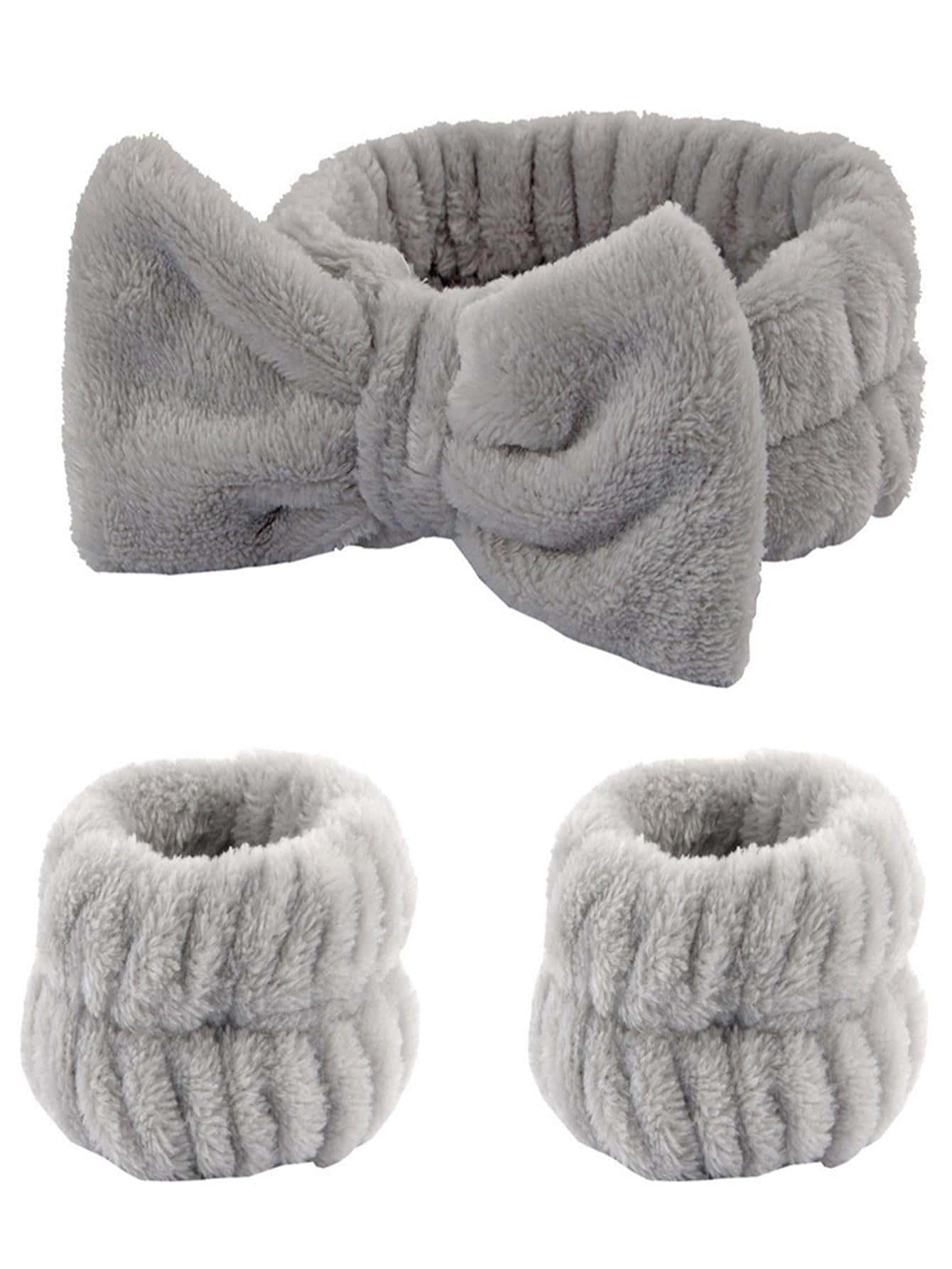 2pcs Solid Fuzzy Hair Tie & 1pc Bow Decor Hair Band Cute - Dark Grey - View 1