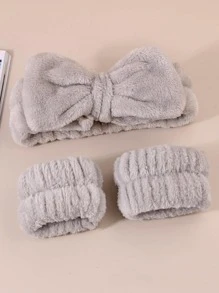 2pcs Solid Fuzzy Hair Tie & 1pc Bow Decor Hair Band Cute - Dark Grey - View 2