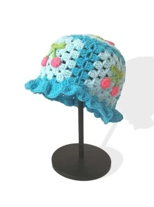 Flower Crochet Bucket Hat - Blue - View 1