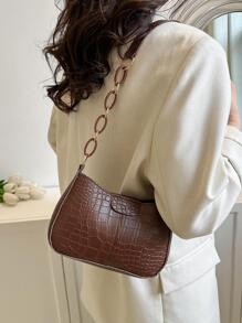 女士迷你鳄鱼纹压花时尚单肩包 - 棕色 - 查看 4