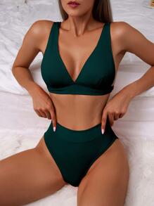 Solid High Waisted Bikini Set For Summer Beach - Dark Green - View 1