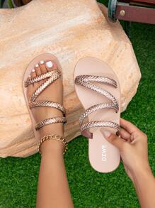 Fashion Champagne Slippers For Women, Geometric Embossed Multi Strap Slides - Champagne - View 1